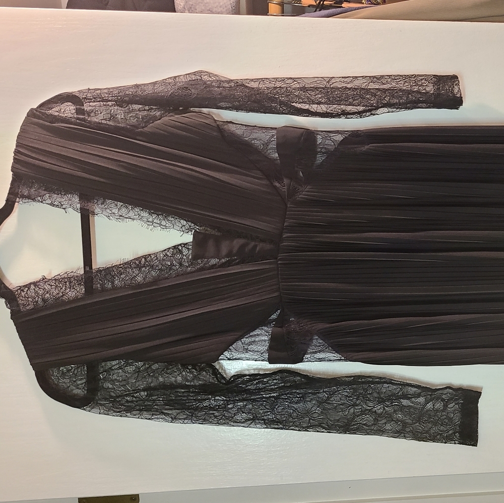 Curve lace and pleat long sleeve midi dress
